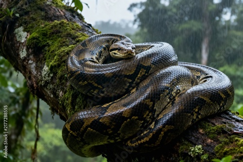 A large python coiled on a moss-covered tree branch in a rainforest during rainfall