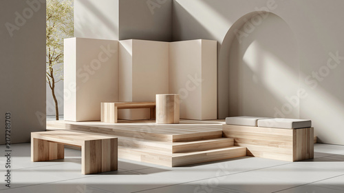 Contemporary minimalist wooden furniture setup in a well lit interior featuring ample natural light