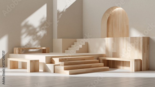 Contemporary minimalist interior showcasing natural wood accents and stylish architectural staircases