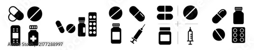 Set of Medical Pills and Medicine Silhouette Icons, Pharmacy Vector