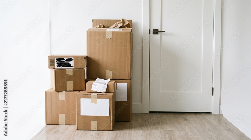 Fototapeta premium Stack of cardboard boxes waiting by the door for delivery or pickup