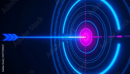 Futuristic neon target display with digital arrow hitting bulls eye area.