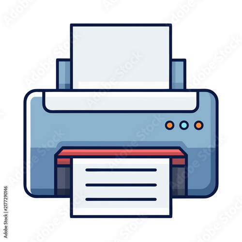 Desktop printer icon for office document printing, flat color illustration of computer hardware for paperwork and business