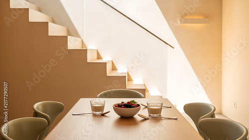 Modern dining table set with bowls and cups under a wooden staircase interior