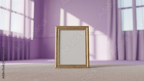 Golden picture frame standing on a carpeted floor in a light purple room with interior