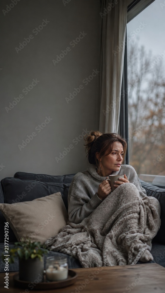 Fototapeta premium Sad woman wrapped in blanket in cold home, high heating costs and winter stress