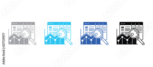 Magnifying glass analyzing financial dashboard with line chart graph and data tables vector icon magnifier magnifying dashboard analytics financial business statistics illustration