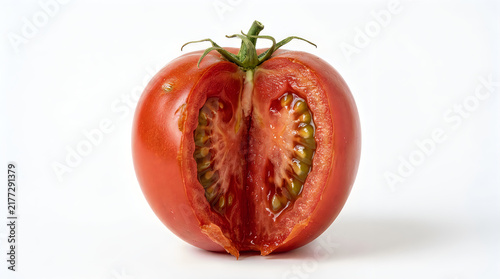 Fresh ripe red tomato cut in half showing seeds and juicy interior on clean background transparent background