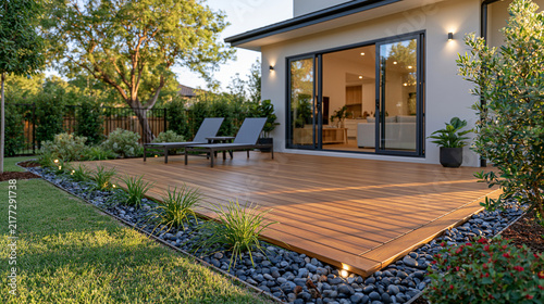Minimalist outdoor living area with a rectangular wood deck extending from a modern house, smooth black and charcoal pebbles forming a precise border around the decking, simple lounge chairs, potted