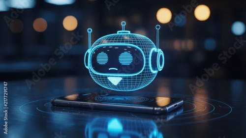 Sad blue wireframe chatbot robot head reflecting on a smartphone screen on a dark tech background.