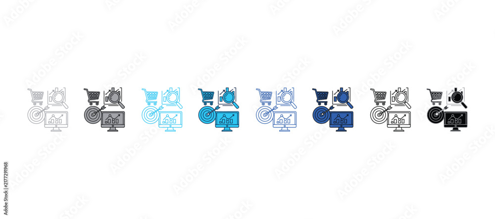Obraz premium Digital marketing vector icons featuring shopping cart magnifier target monitor in blue marketing shopping magnifier business commerce strategy analysis research computer bullseye