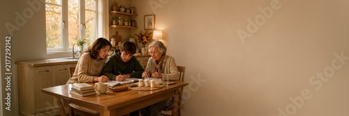 Mother helps teenage son study beside elderly grandmother, sandwich generation with copy space