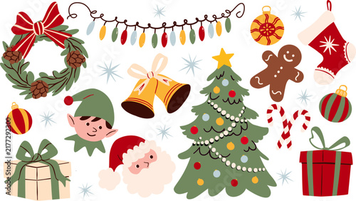 Cute Christmas icons and stickers set featuring a tree, wreath, bells, gingerbread man, elf, Santa Claus, gifts, and garland. Elements for winter holiday design.