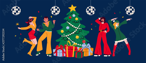 People dancing at a Christmas disco party under mirror balls near a tree with gifts. Illustration for New Year event banner and holiday poster.