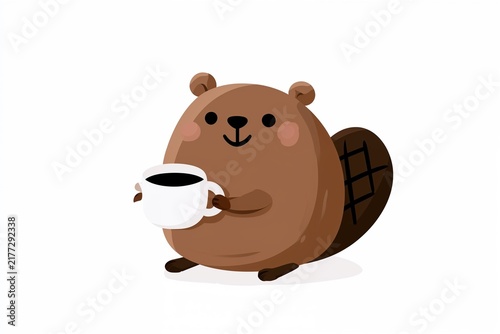 Cute beaver holding coffee cup on white background
