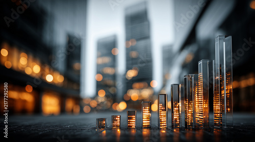 Abstract financial growth concept with glass bars and city lights representing progress and innovation