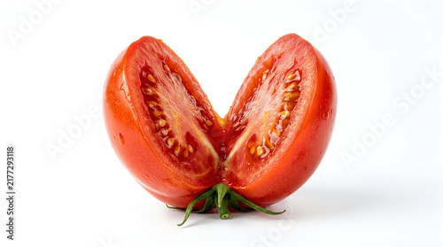 Fresh ripe red tomato cut in half showing juicy interior with seeds on transparent background transparent background