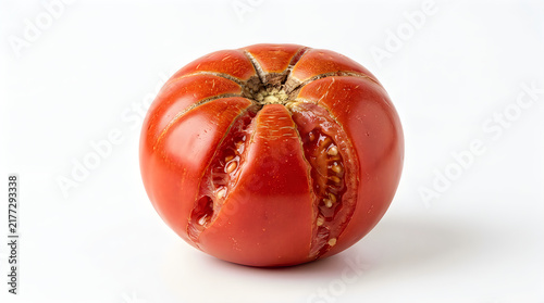 Fresh ripe red heirloom tomato with cracks showing juicy interior on white surface transparent background