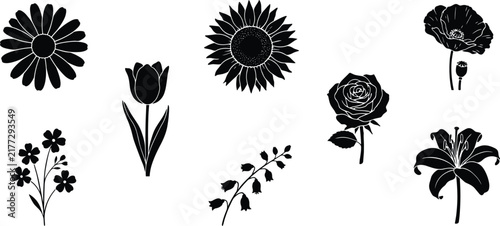 Black Flower Silhouette Icon Set with Sunflower Rose Tulip Daisy Lily and Poppy Botanical Elements for Floral Logo and Graphic Vector Designs