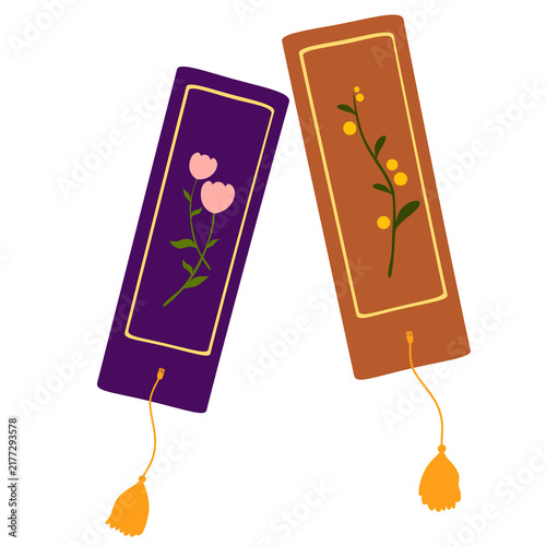 Fotografie Two decorative bookmarks feature floral illustrations, one with pink flowers on