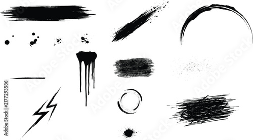 Black Paint Brush Stroke Set with Ink Splatters Splashes Grungy Textures Drips Lightning Bolt and Geometric Circular Forms Vector Illustration