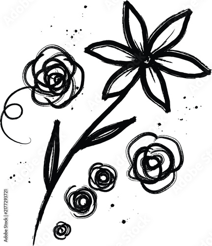 Hand Drawn Floral Sketch with Ink Splatters Abstract Flowers and Grungy Scribble Line Art for Rustic Card Backgrounds or Vintage Tattoos Vector Illustration