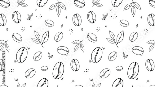 Hand Drawn Coffee Bean Seamless Pattern Background with Outline Leaves and Dots for Cafe Branding Wallpaper Wrapping Paper and Packaging Vector Design