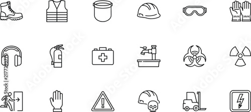 Industrial Safety and Workplace Protection Line Icon Set with Personal Protective Equipment Hazard Warning Signs and Emergency Health Icons Vector Design