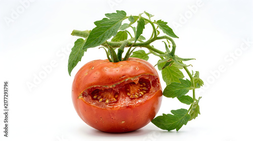 Ripe red heirloom tomato with cracked skin revealing juicy seeds and fresh green vine leaves transparent background