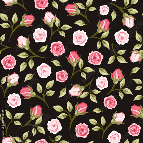 Seamless floral pattern with small pink roses on a black background. Vector floral print with rose flowers