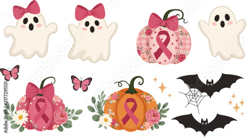 Cute halloween clipart set featuring ghosts with pink bows pumpkins with breast cancer awareness ribbons and bats for seasonal design projects