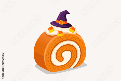 Halloween Pumpkin Roll Cake with Witch Hat and Candy Corn Topping Illustration