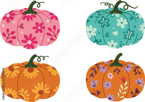 A collection of four decorative autumn pumpkins featuring colorful floral patterns isolated on a clean white background for seasonal design