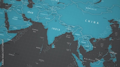Animated political map showing the location of India in Asia. The camera gradually approaches the country, bringing New Delhi, neighboring states, national borders, the Arabian Sea, the Bay of Bengal,