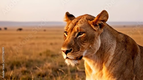 Attentive lioness bathed in warm golden light on the vast African savanna.