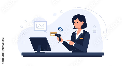Customer Service Representative Scans Credit Card at Point of Sale Terminal, Digital Transaction Concept