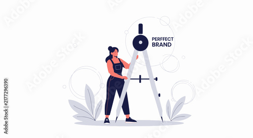 Designer Creating Perfect Brand Identity with Compass, Vector Illustration