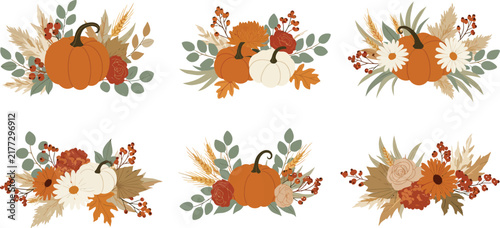 Set of six decorative autumn arrangements featuring orange pumpkins colorful fall leaves dried flowers and seasonal foliage on white background