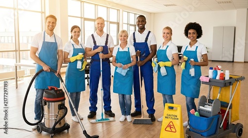 Diverse team of professional cleaners with equipment in office.