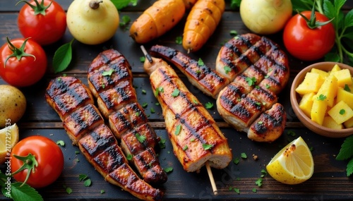 Grilled meats, veggies, fruit salad, potatoes on rustic wood Summer BBQ border , wood background, side border, food photography
