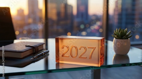 Translucent Amber Cube with 2027 Inscription on Office Desk Overlooking City