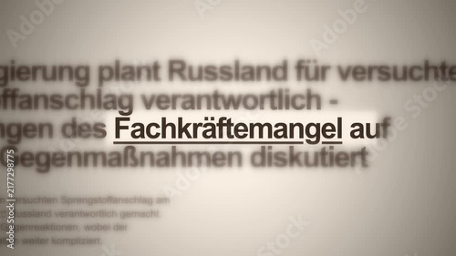 Zooming 4K Sequence of Fictional Online News Pages on Germany’s Skilled Labor Shortage Highlighting Fachkräftemangel Keyword