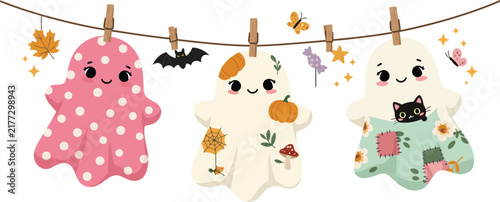 Cute cartoon ghosts with patterns hanging on a string with autumn leaves and bats for a fun halloween party decoration