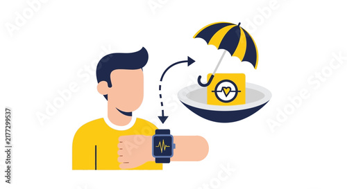 Health Insurance and Smartwatch Monitoring Concept Illustration - Digital Healthcare Coverage and Wearable Technology Integration
