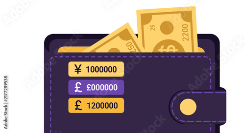 Flat Vector Illustration of a Wallet with Multi-Currency Banknotes and Symbols Representing Wealth and Global Finance