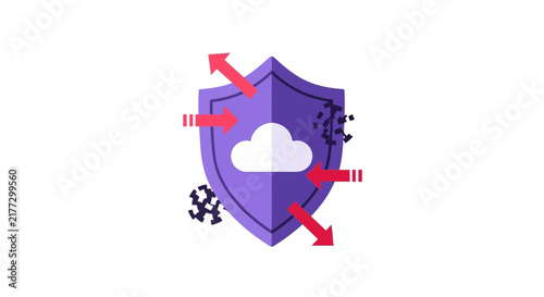 Cloud Security Concept Illustration: Purple Shield Protecting Cloud Data from Cyber Attacks and Malware Threats