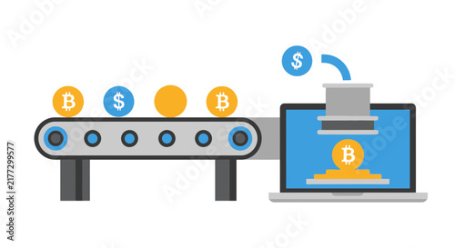 Bitcoin Mining and Digital Finance Concept Illustration of Coins on a Conveyor Belt Entering a Laptop Computer