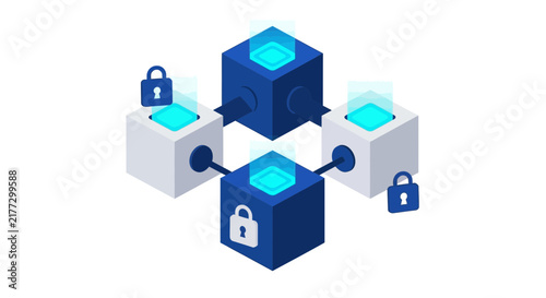 Isometric Blockchain Technology Icon with Connected 3D Cubes and Padlocks - Secure Data Network Illustration