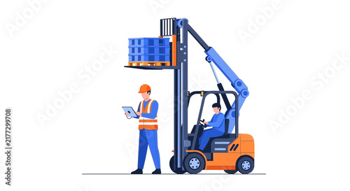 Logistics and Warehouse Management Concept with Forklift Driver and Worker using Tablet for Inventory Control, Flat Vector Illustration