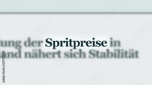 Fast 4K Zoom on Fictional German News Webpage Highlighting the Fixed Keyword 'Spritpreise'